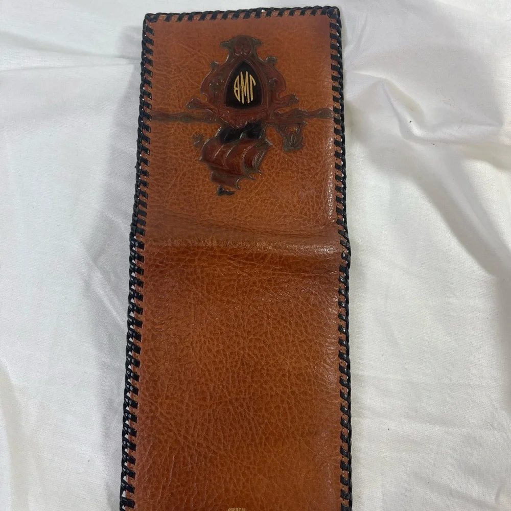 Vintage Brown Leather Wayfarer Wallet Monogrammed Steer hide.